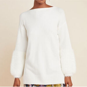 Anthropologie Colma Faux Fur Cuff Sweater Ivory Oversized XS Cozy Soft